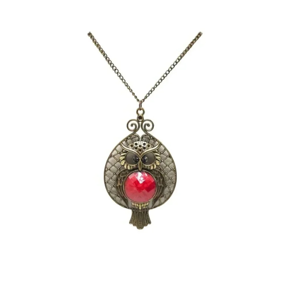 Faceted Red Round Stone Openwork Horned Owl Pendant Chain Necklace Gold Tone